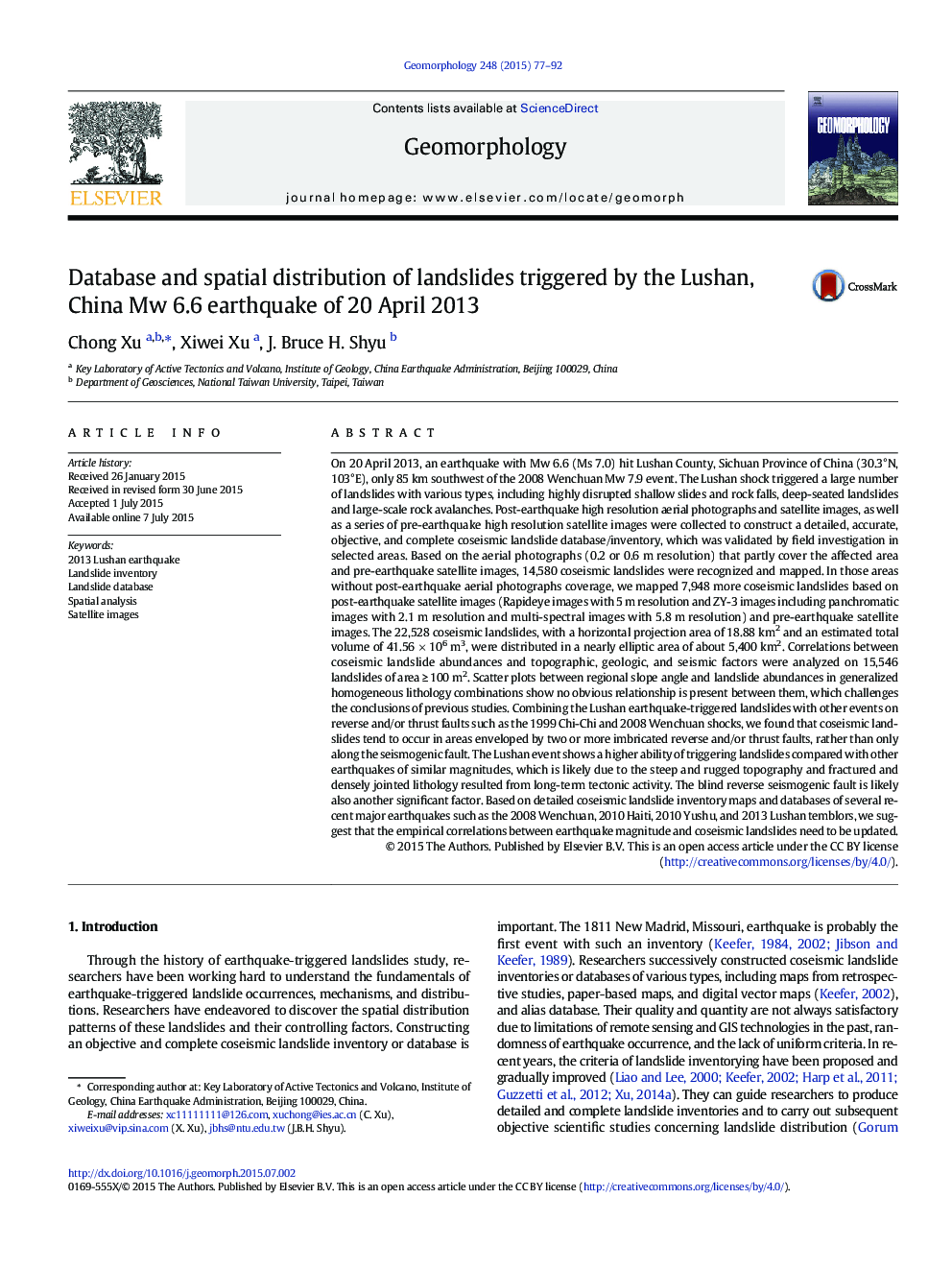 Database and spatial distribution of landslides triggered by the Lushan, China Mw 6.6 earthquake of 20 April 2013