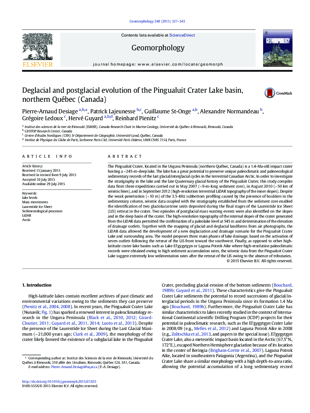 Deglacial and postglacial evolution of the Pingualuit Crater Lake basin, northern Québec (Canada)