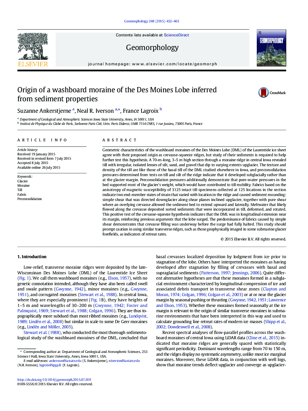 Origin of a washboard moraine of the Des Moines Lobe inferred from sediment properties