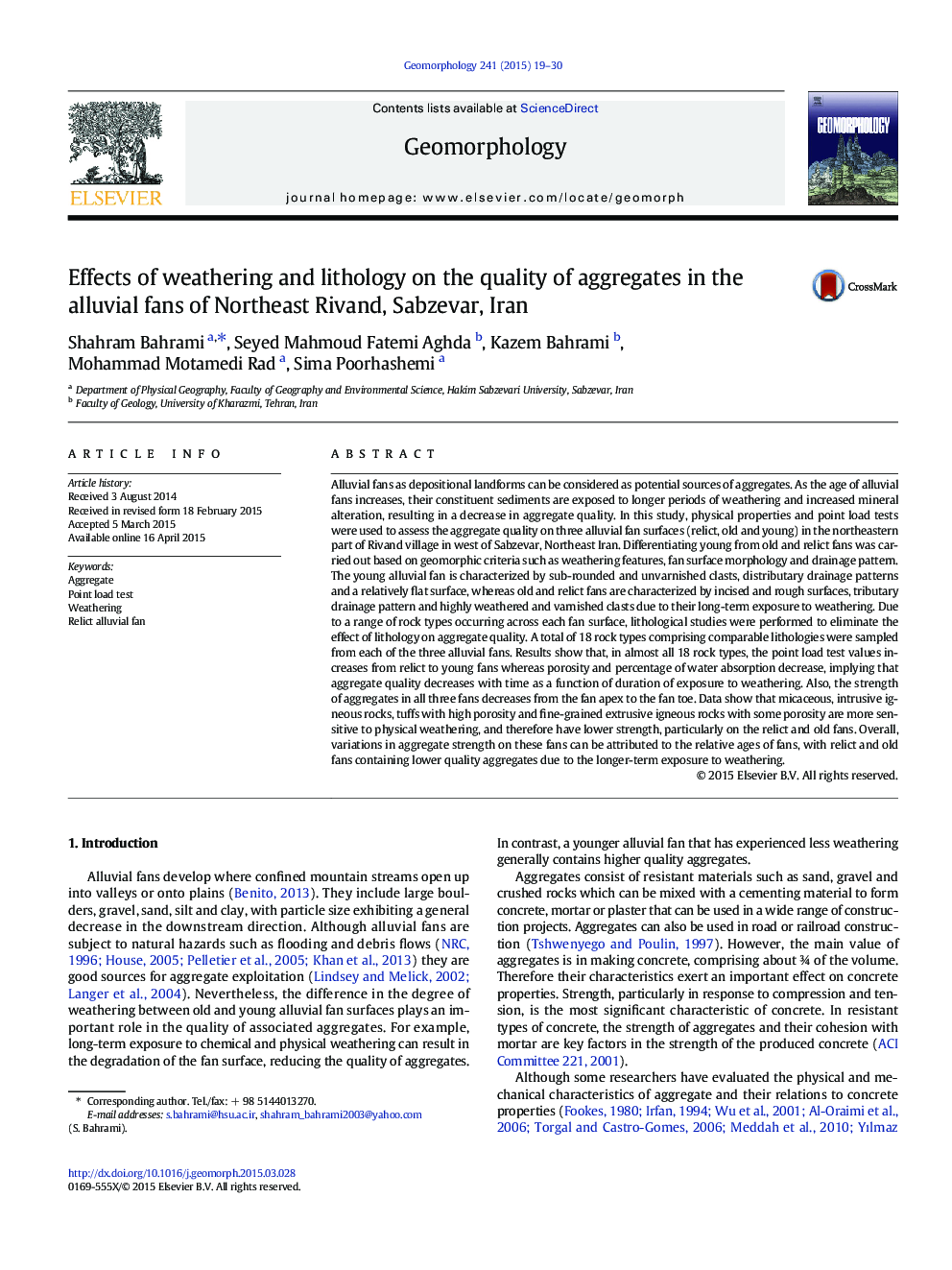 Effects of weathering and lithology on the quality of aggregates in the alluvial fans of Northeast Rivand, Sabzevar, Iran