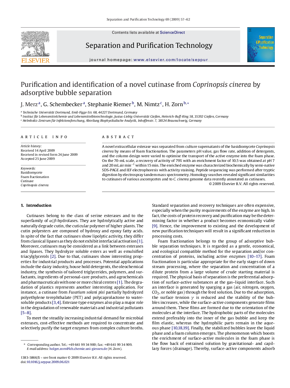 Purification and identification of a novel cutinase from Coprinopsis cinerea by adsorptive bubble separation