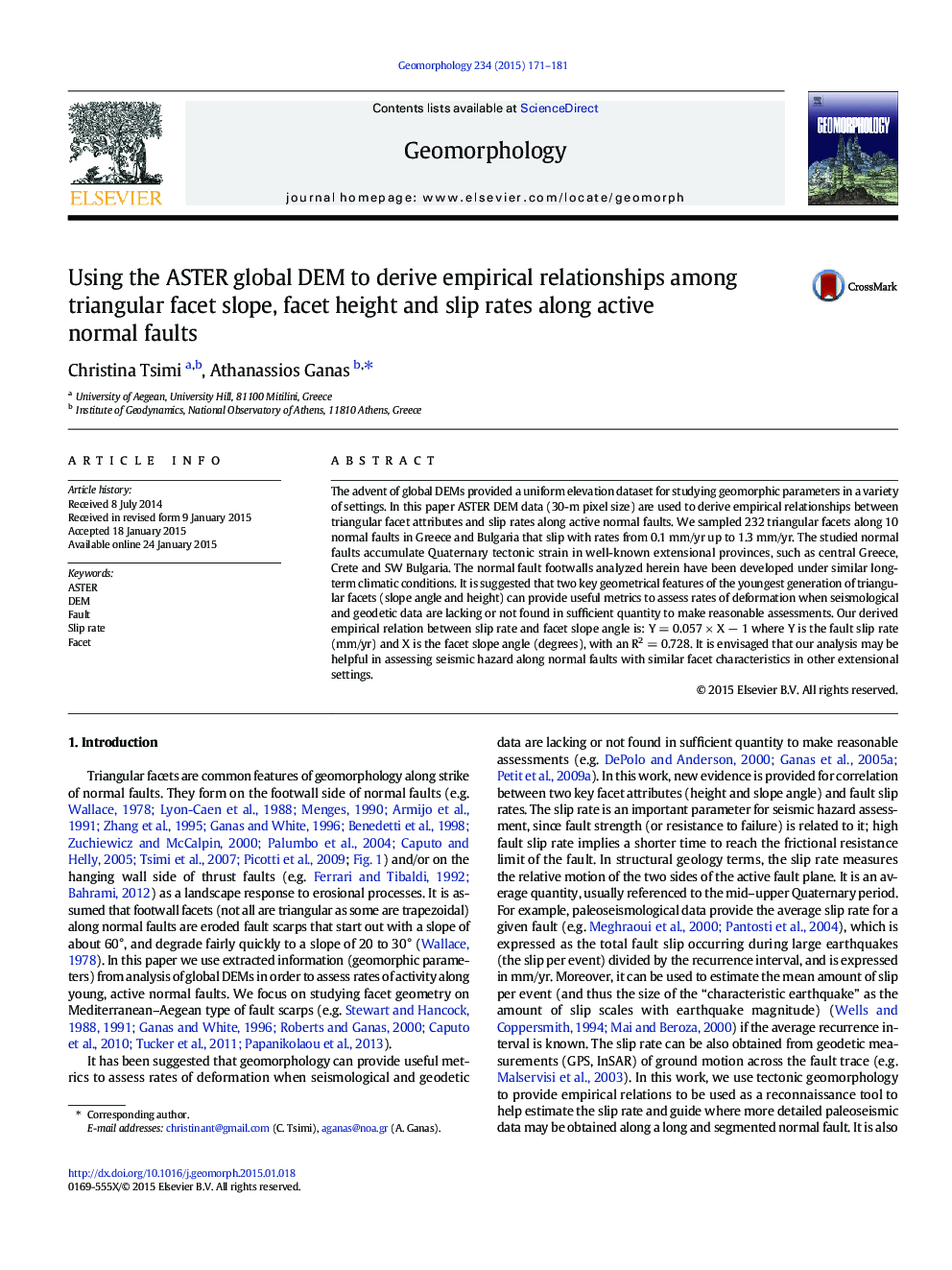 Using the ASTER global DEM to derive empirical relationships among triangular facet slope, facet height and slip rates along active normal faults