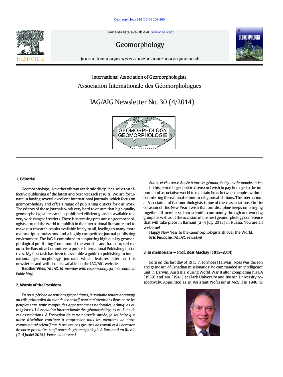 International Association of Geomorphologists Association Internationale des Géomorphologues