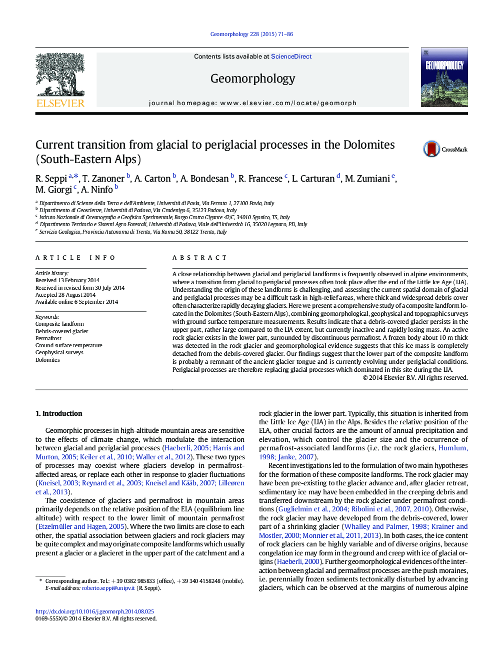 Current transition from glacial to periglacial processes in the Dolomites (South-Eastern Alps)