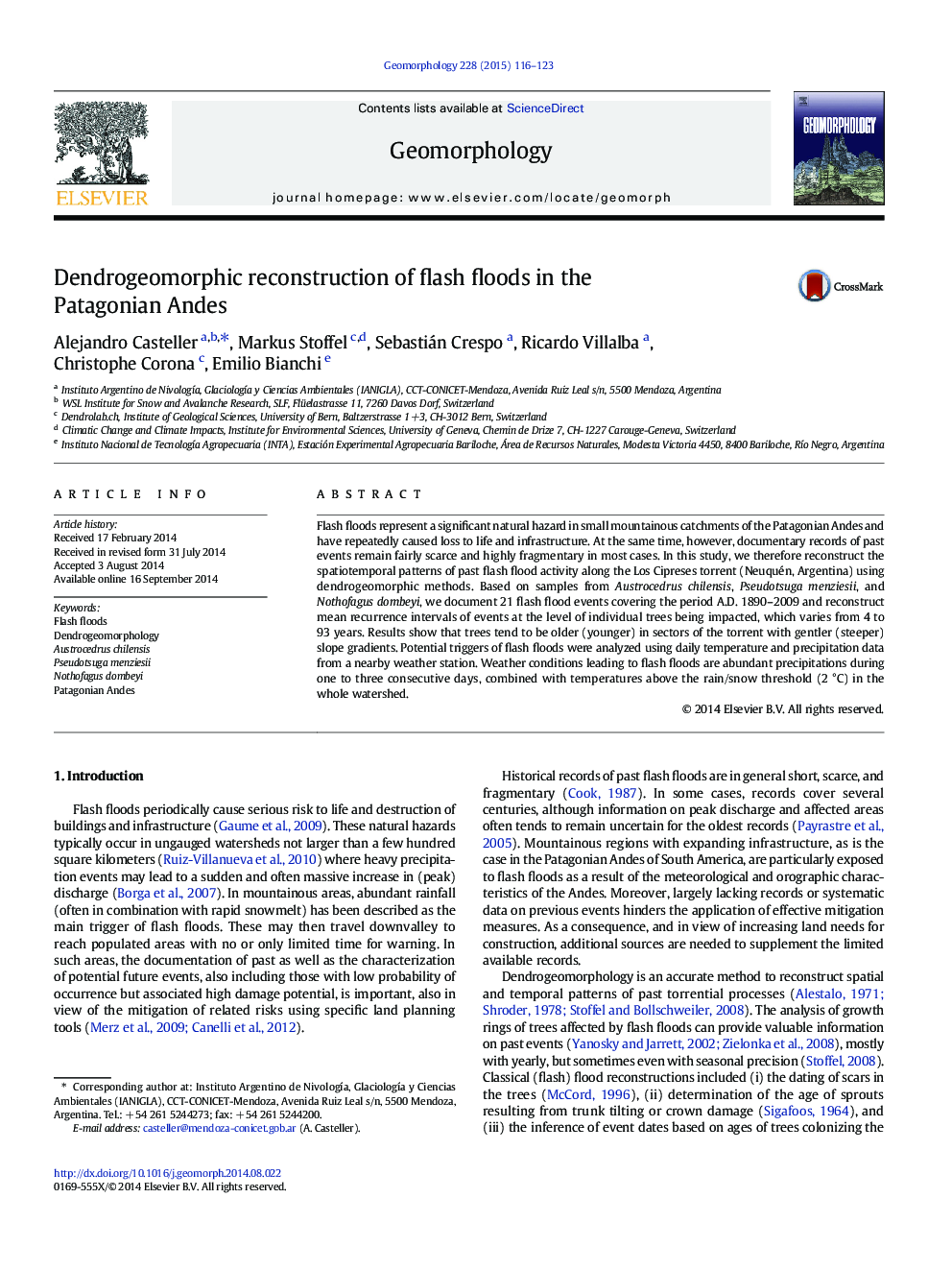 Dendrogeomorphic reconstruction of flash floods in the Patagonian Andes