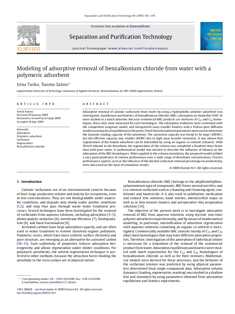 Modeling of adsorptive removal of benzalkonium chloride from water with a polymeric adsorbent