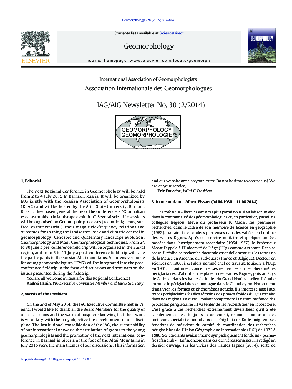 International Association of Geomorphologists Association Internationale des Géomorphologues
