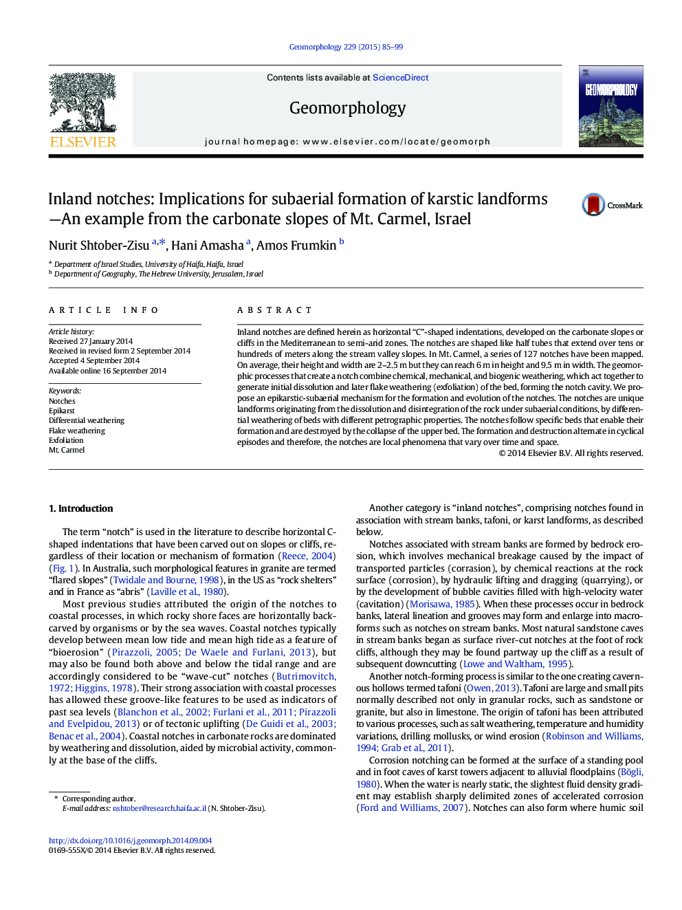 Inland notches: Implications for subaerial formation of karstic landforms-An example from the carbonate slopes of Mt. Carmel, Israel