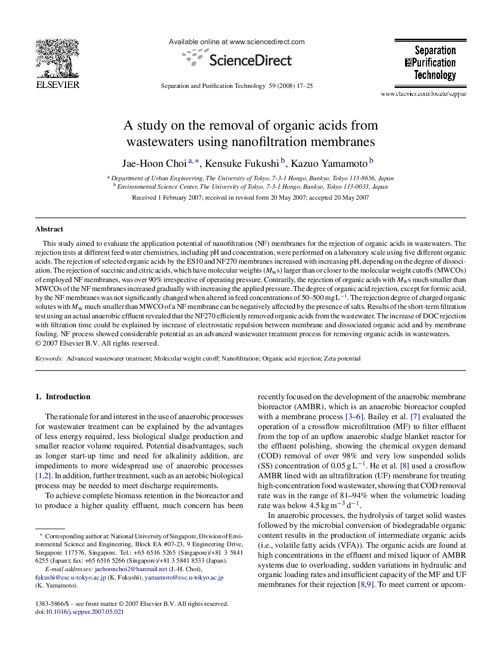 عکس صفحه اول مقاله: A study on the removal of organic acids from wastewaters using nanofiltration membranes A study on the removal of organic acids from wastewaters using nanofiltration membranes