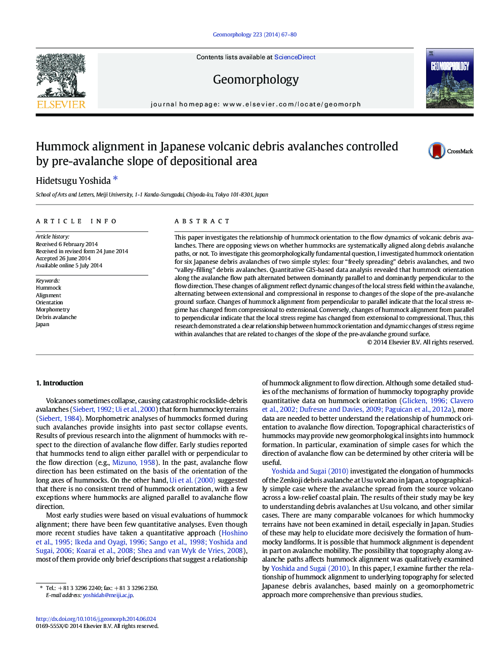 Hummock alignment in Japanese volcanic debris avalanches controlled by pre-avalanche slope of depositional area