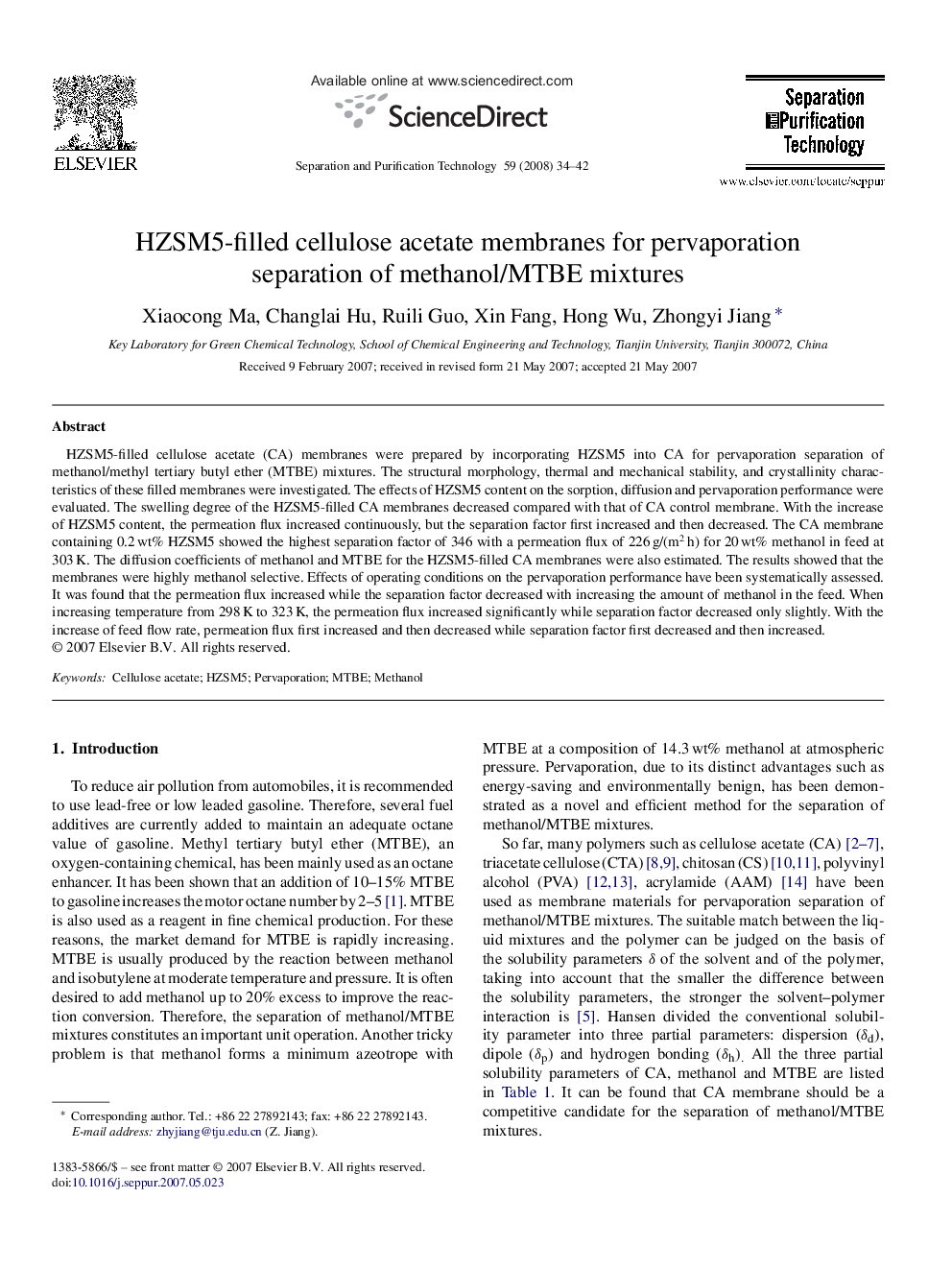 HZSM5-filled cellulose acetate membranes for pervaporation separation of methanol/MTBE mixtures
