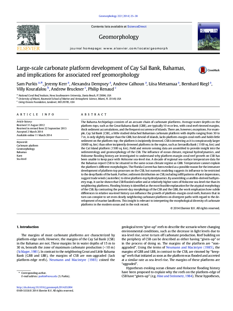 Large-scale carbonate platform development of Cay Sal Bank, Bahamas, and implications for associated reef geomorphology