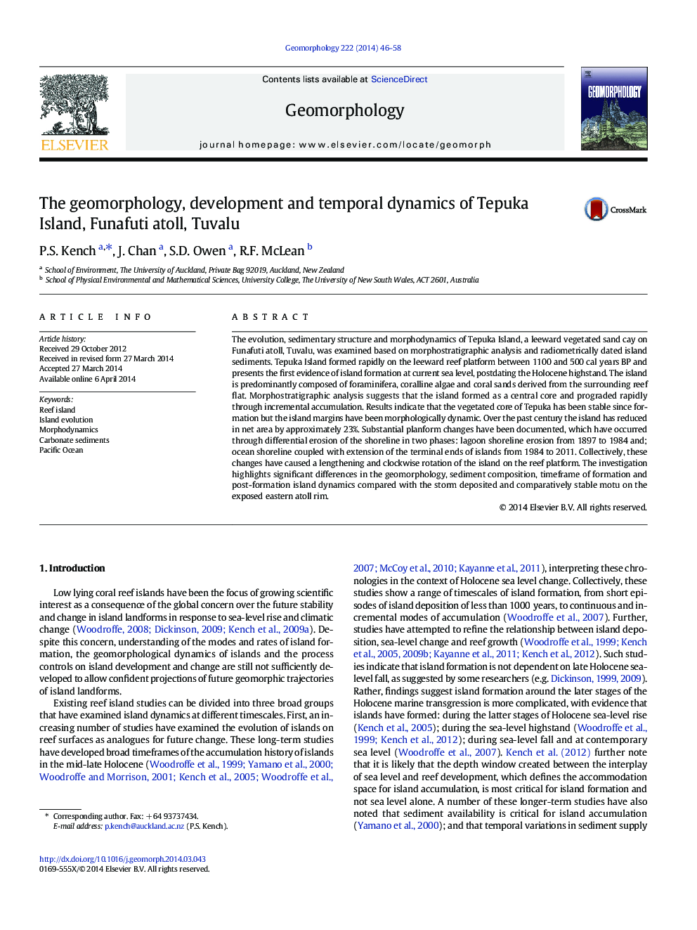 The geomorphology, development and temporal dynamics of Tepuka Island, Funafuti atoll, Tuvalu