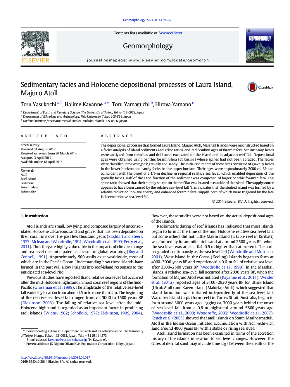 Sedimentary facies and Holocene depositional processes of Laura Island, Majuro Atoll