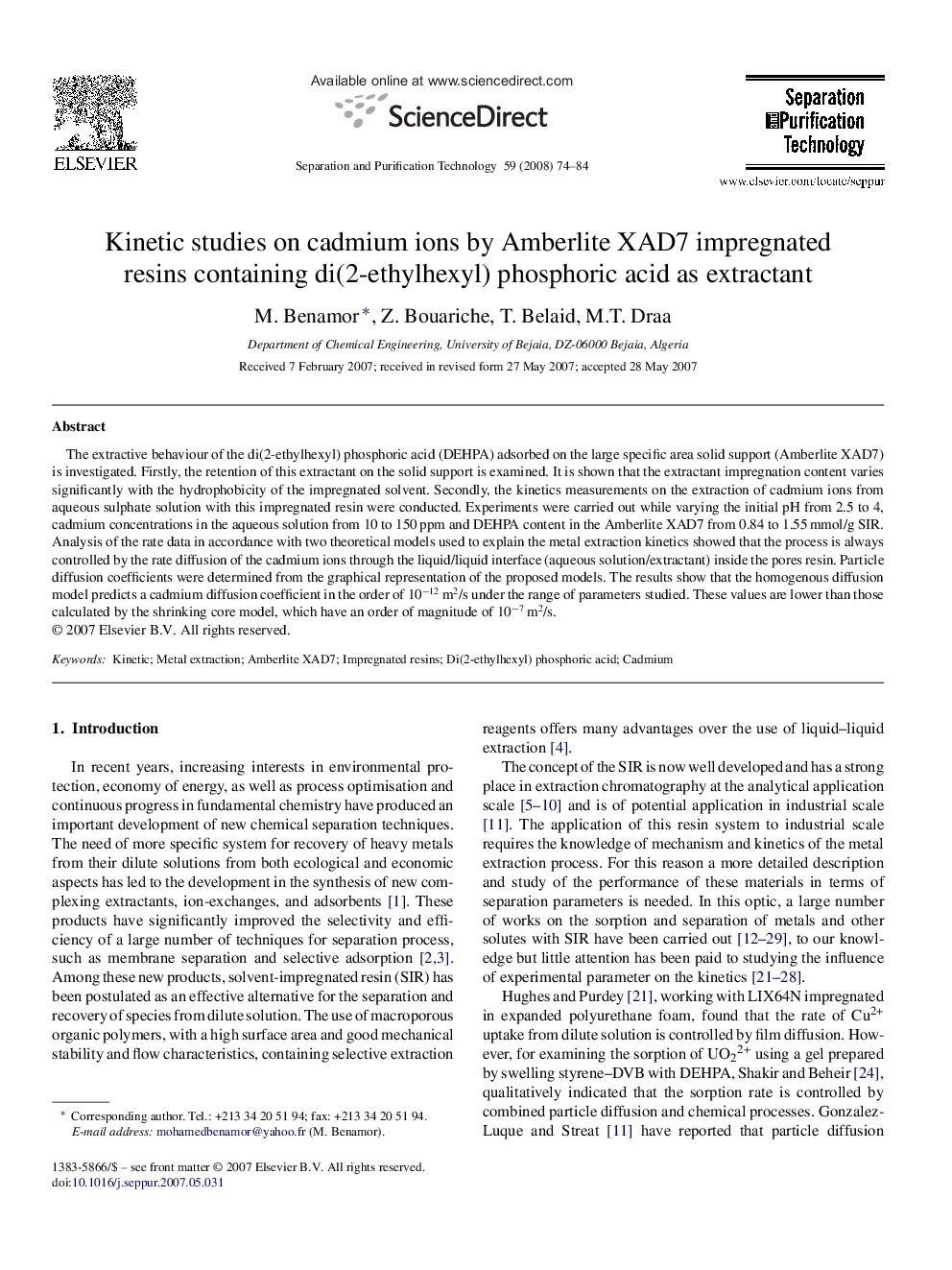 Kinetic studies on cadmium ions by Amberlite XAD7 impregnated resins containing di(2-ethylhexyl) phosphoric acid as extractant