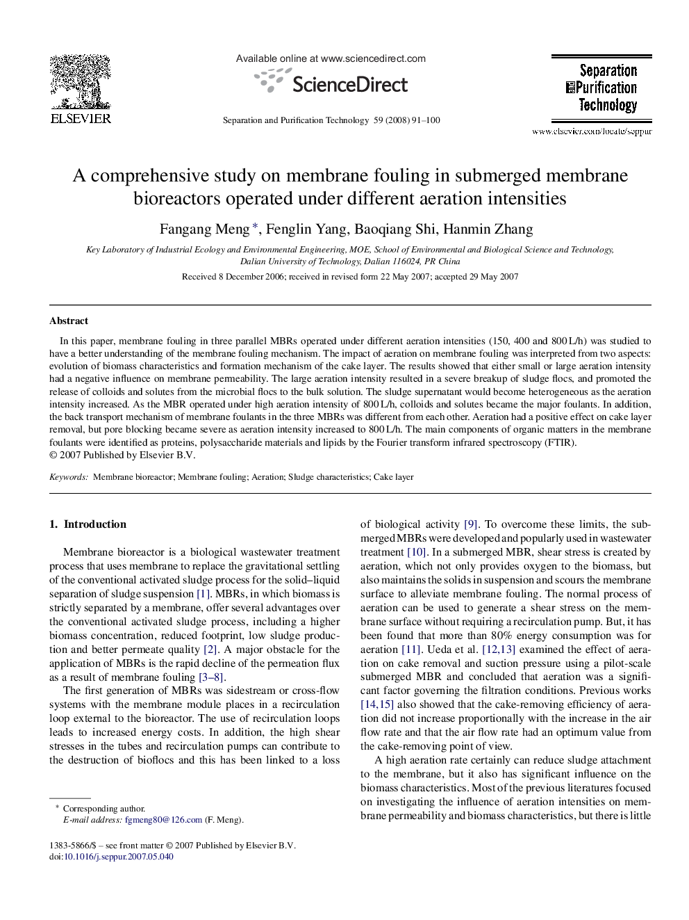 A comprehensive study on membrane fouling in submerged membrane bioreactors operated under different aeration intensities