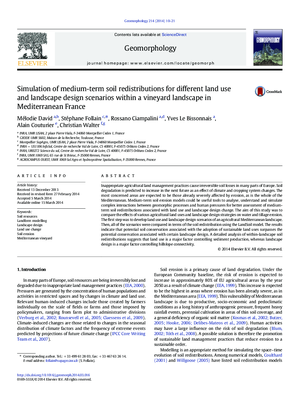 Simulation of medium-term soil redistributions for different land use and landscape design scenarios within a vineyard landscape in Mediterranean France