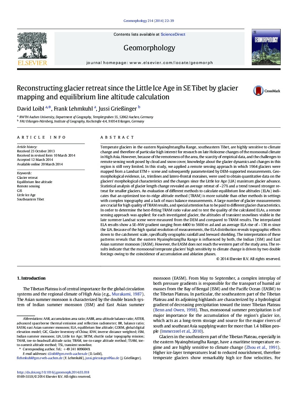 Reconstructing glacier retreat since the Little Ice Age in SE Tibet by glacier mapping and equilibrium line altitude calculation