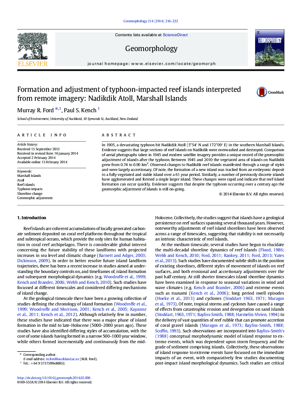 Formation and adjustment of typhoon-impacted reef islands interpreted from remote imagery: Nadikdik Atoll, Marshall Islands