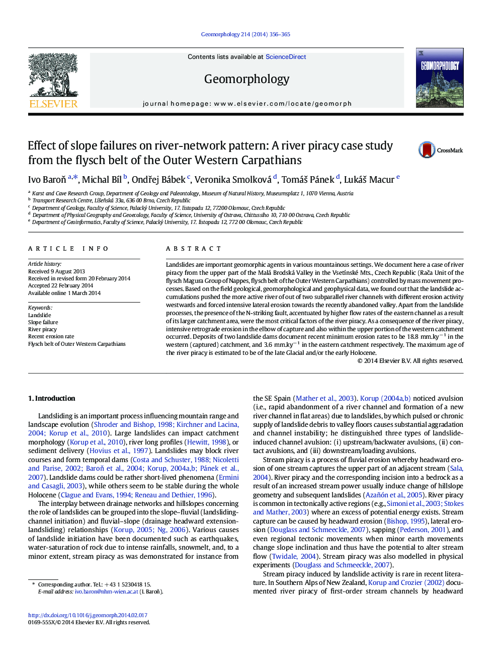 Effect of slope failures on river-network pattern: A river piracy case study from the flysch belt of the Outer Western Carpathians