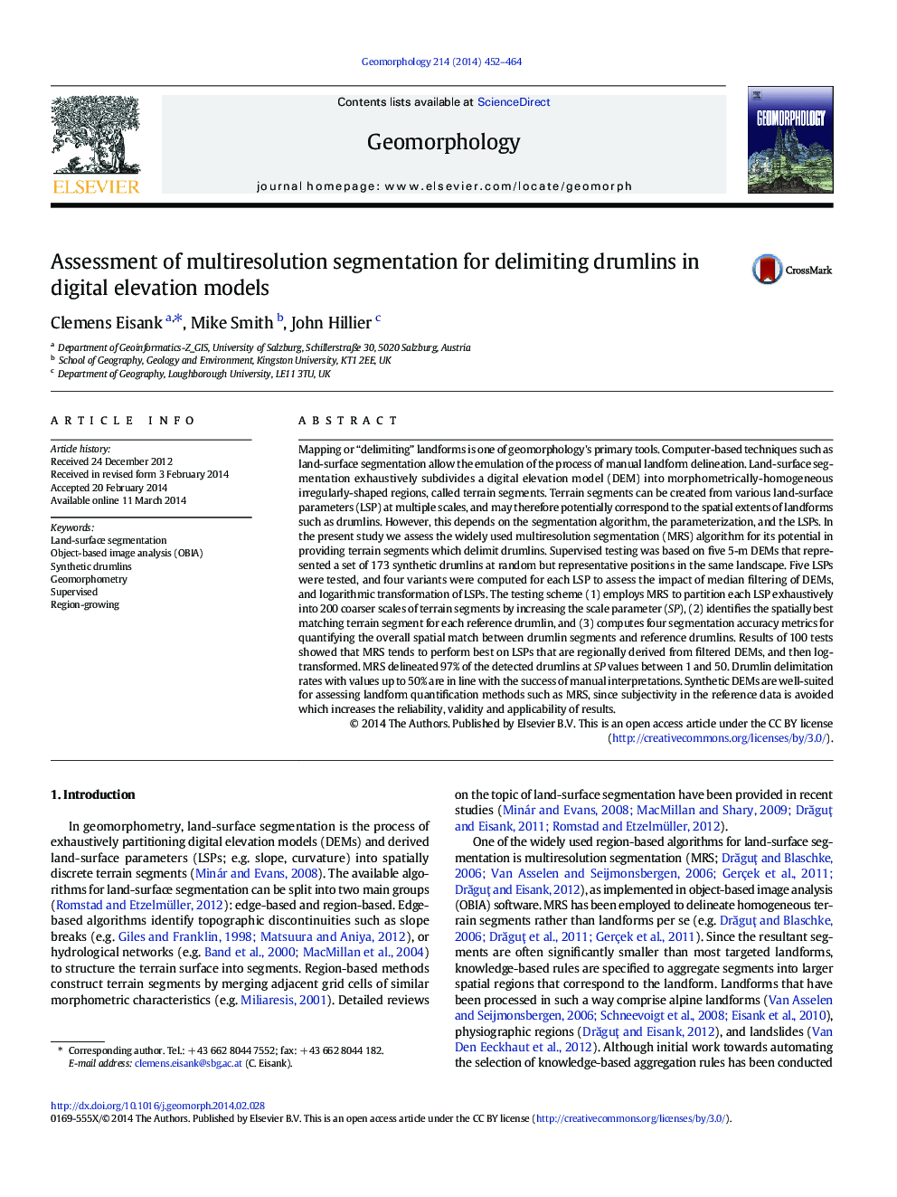 Assessment of multiresolution segmentation for delimiting drumlins in digital elevation models