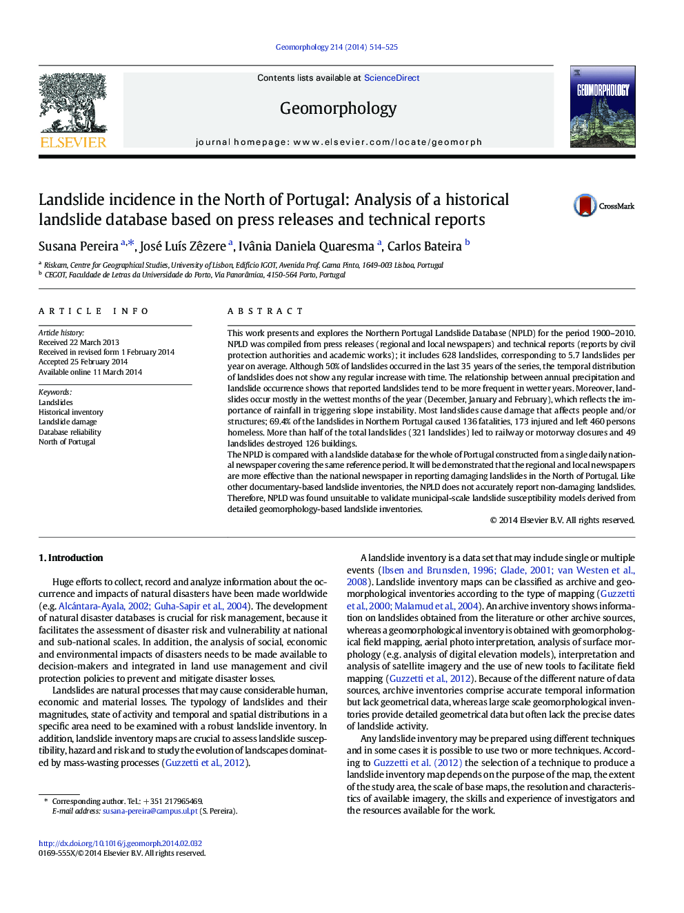 Landslide incidence in the North of Portugal: Analysis of a historical landslide database based on press releases and technical reports