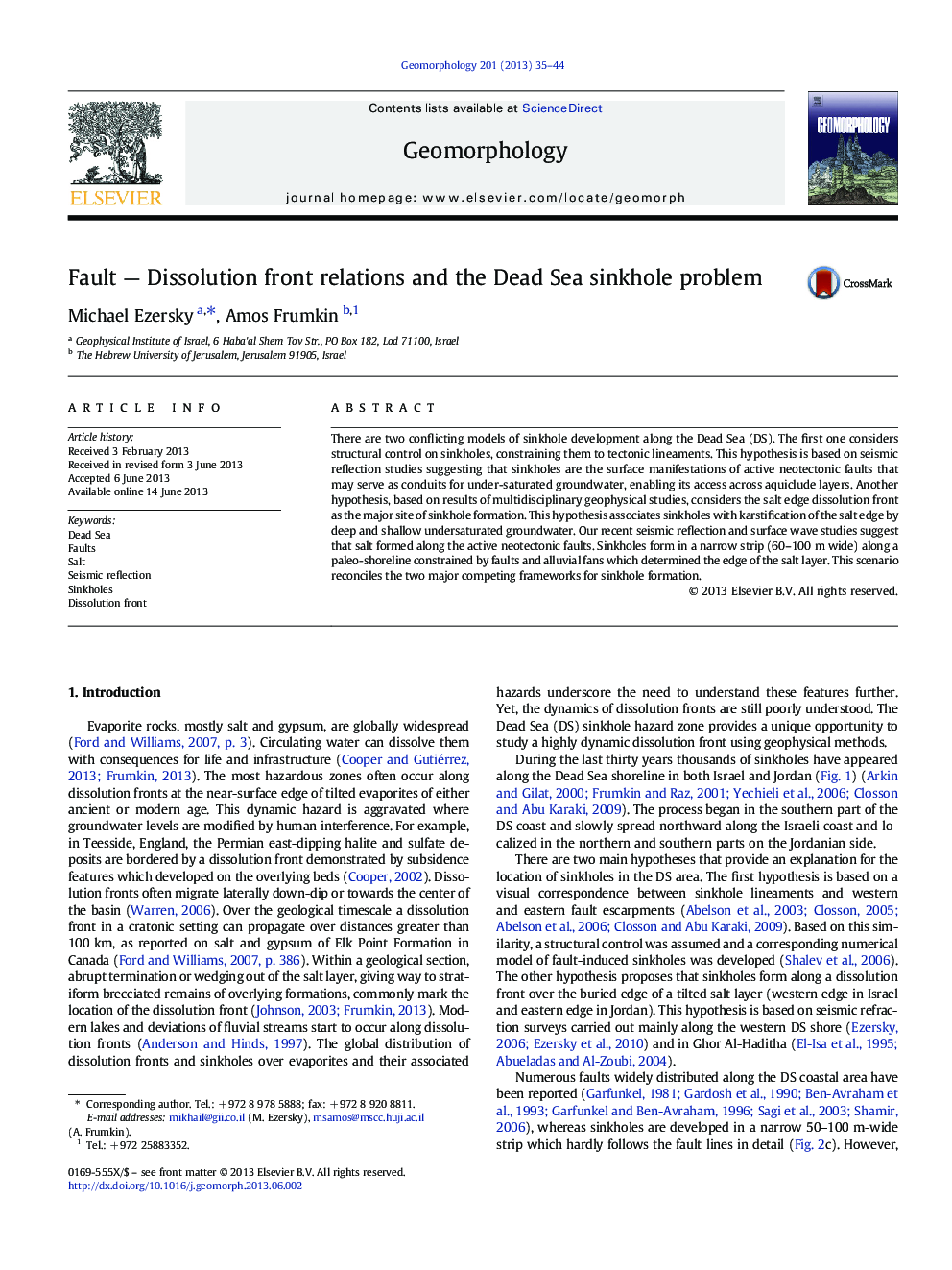 Fault - Dissolution front relations and the Dead Sea sinkhole problem