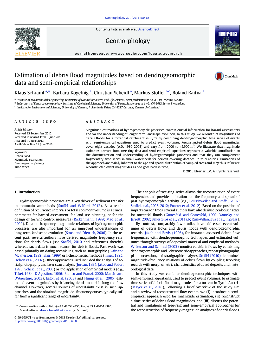 Estimation of debris flood magnitudes based on dendrogeomorphic data and semi-empirical relationships