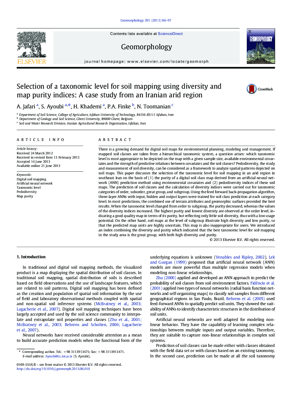 Selection of a taxonomic level for soil mapping using diversity and map purity indices: A case study from an Iranian arid region