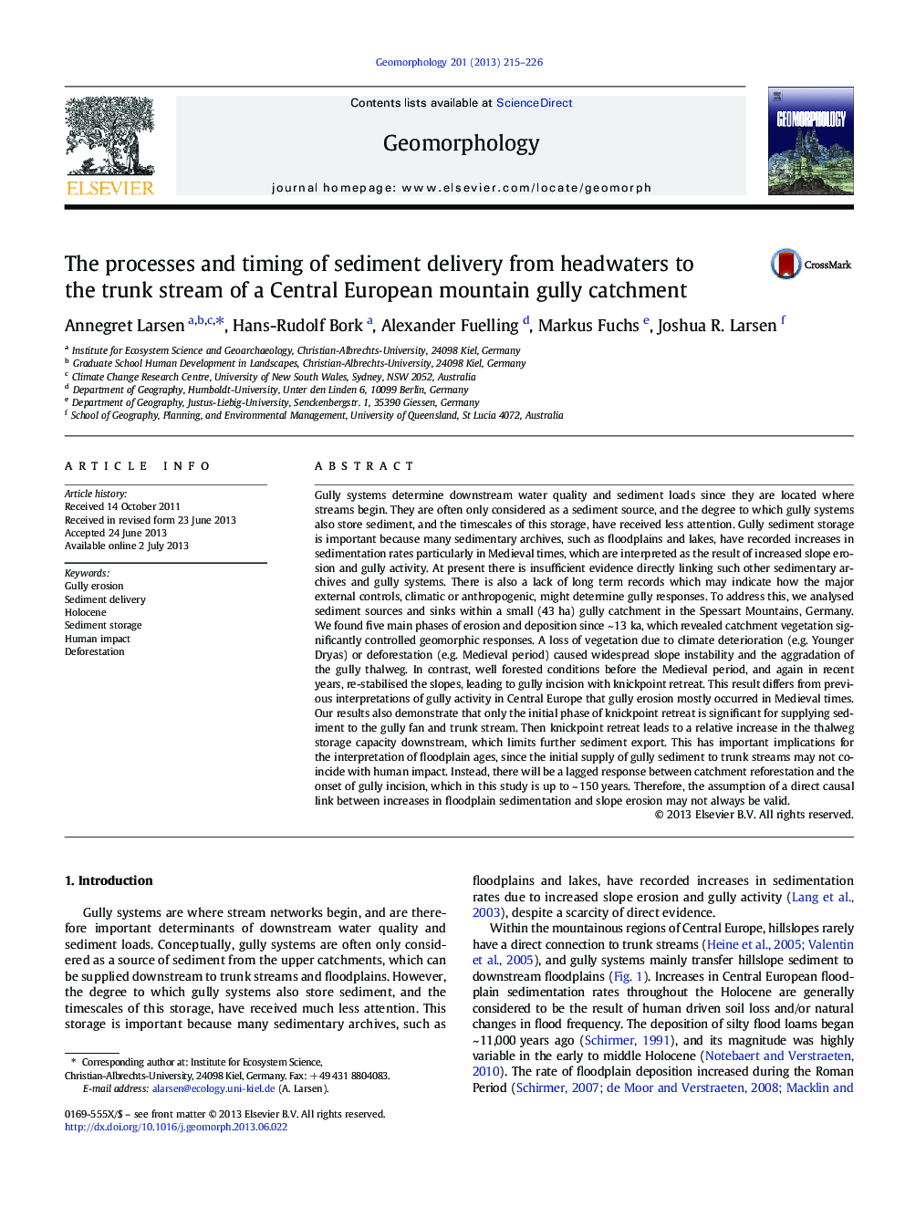 The processes and timing of sediment delivery from headwaters to the trunk stream of a Central European mountain gully catchment