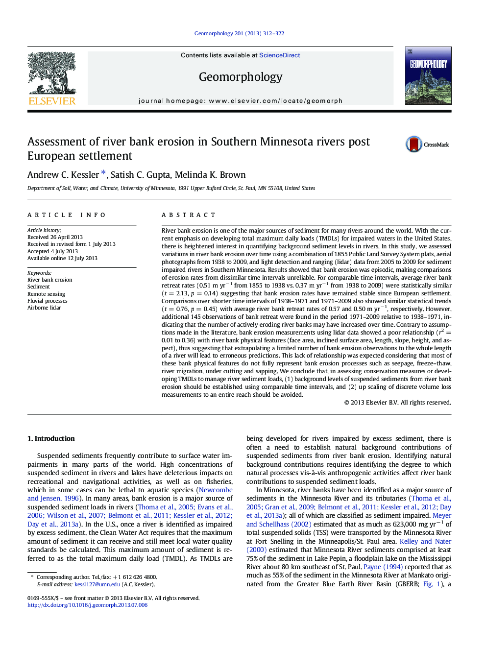 Assessment of river bank erosion in Southern Minnesota rivers post European settlement