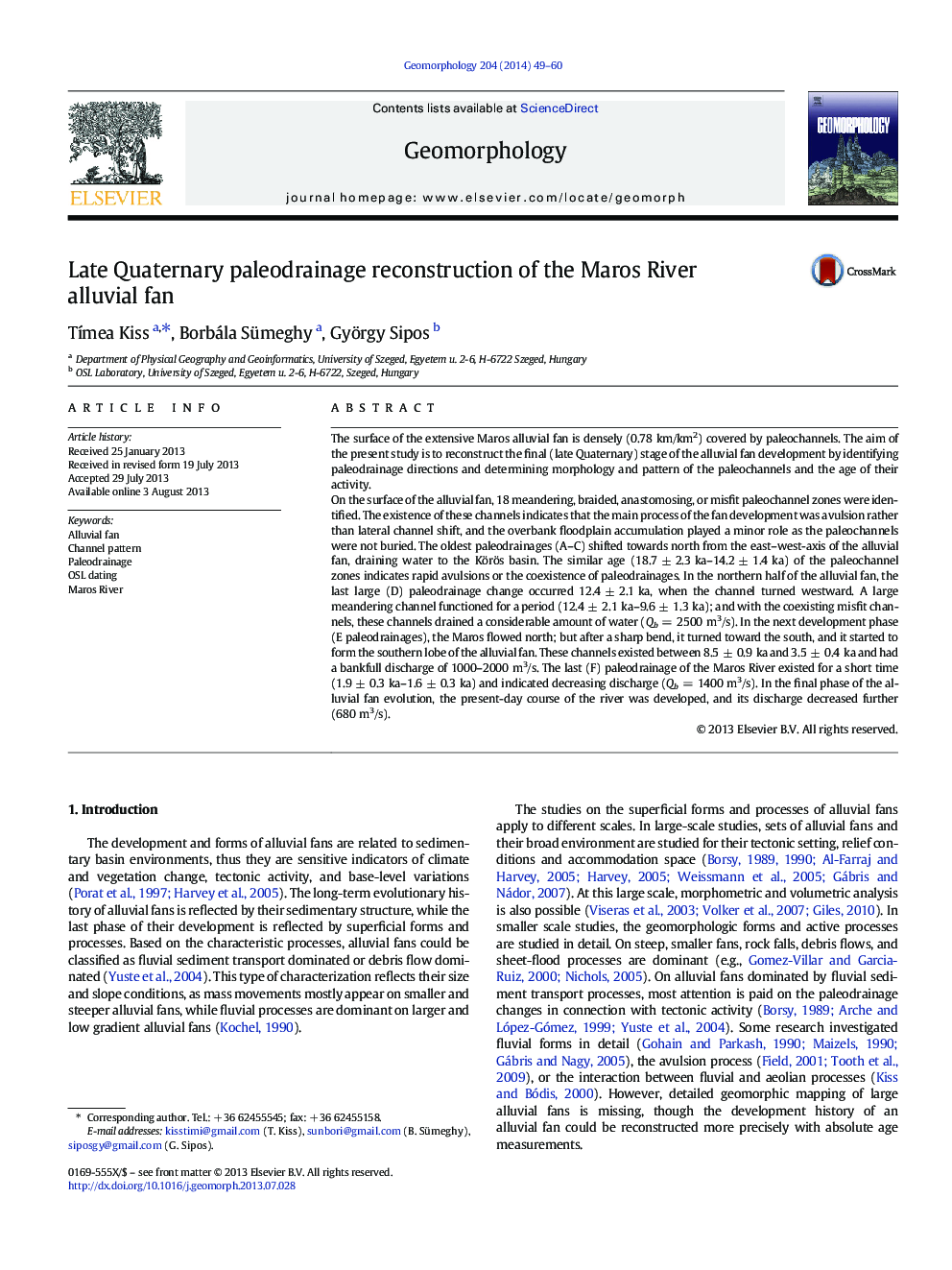 Late Quaternary paleodrainage reconstruction of the Maros River alluvial fan