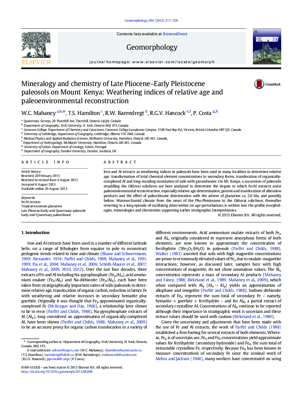 کانی شناسی و شیمی در اواخر پیلوسن آکادمی پالئوسول های اولیه پلیستوکن در کوه کنیا: شاخص های آب و هوای نسبی و بازسازی محیط زیست 