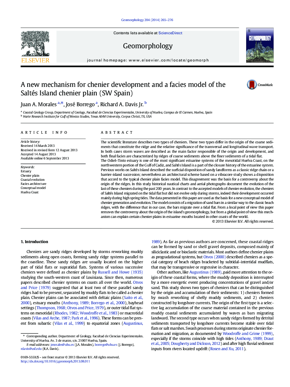 A new mechanism for chenier development and a facies model of the Saltés Island chenier plain (SW Spain)