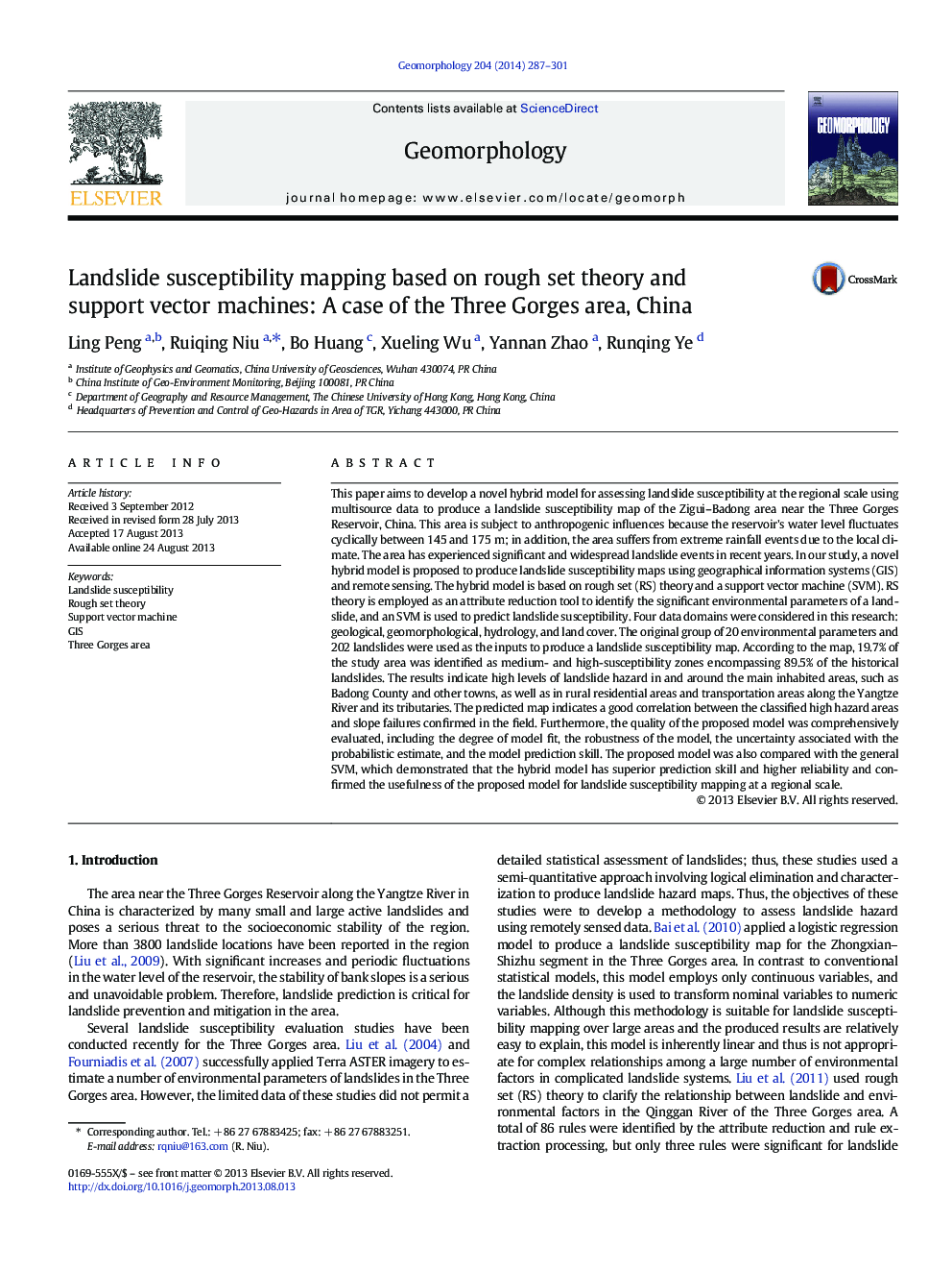 Landslide susceptibility mapping based on rough set theory and support vector machines: A case of the Three Gorges area, China