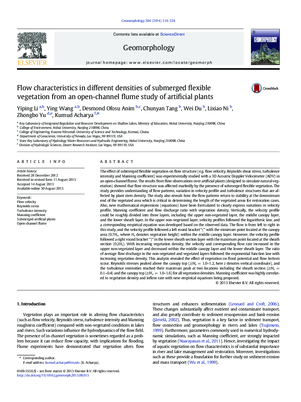 Flow characteristics in different densities of submerged flexible vegetation from an open-channel flume study of artificial plants