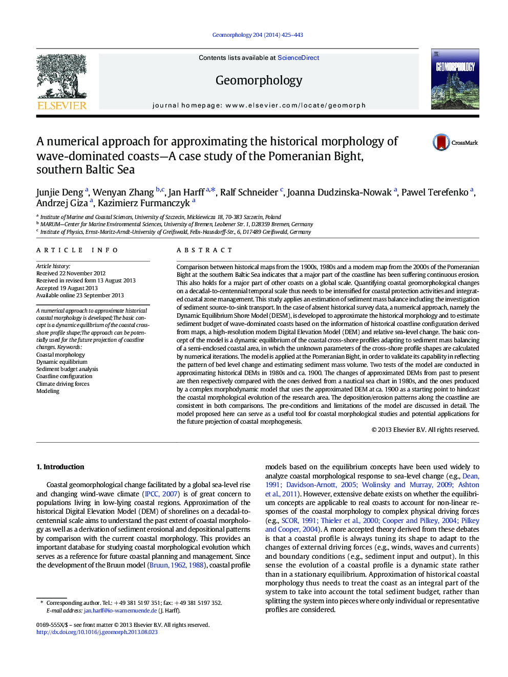 A numerical approach for approximating the historical morphology of wave-dominated coasts-A case study of the Pomeranian Bight, southern Baltic Sea