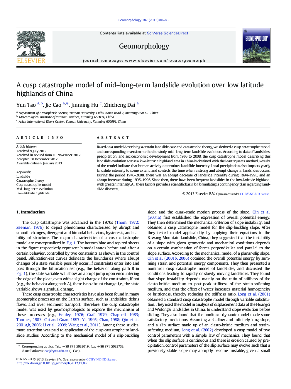 A cusp catastrophe model of mid-long-term landslide evolution over low latitude highlands of China