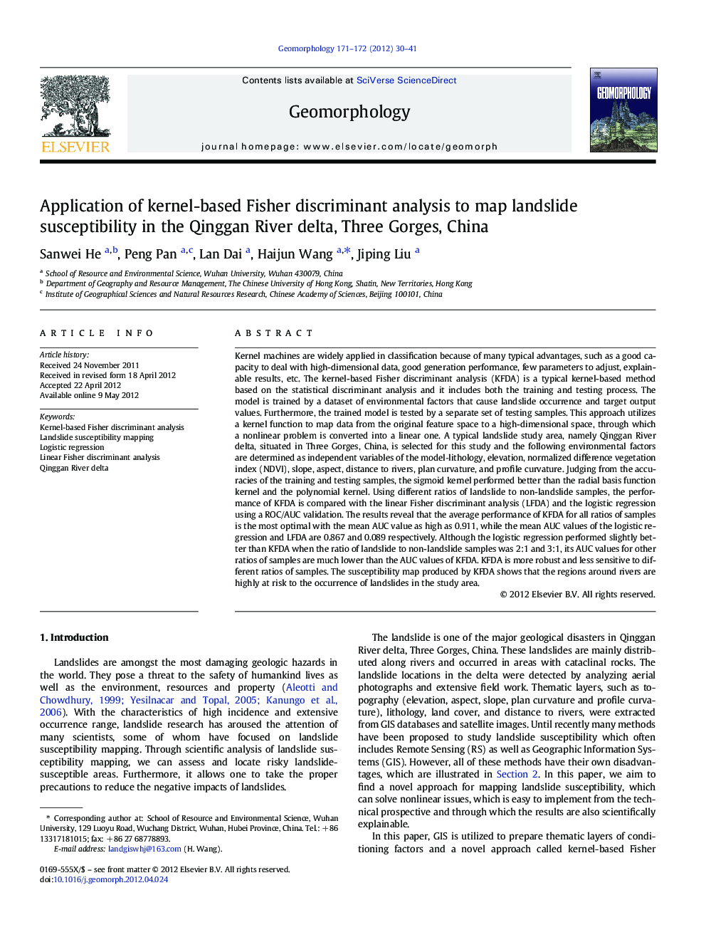 Application of kernel-based Fisher discriminant analysis to map landslide susceptibility in the Qinggan River delta, Three Gorges, China