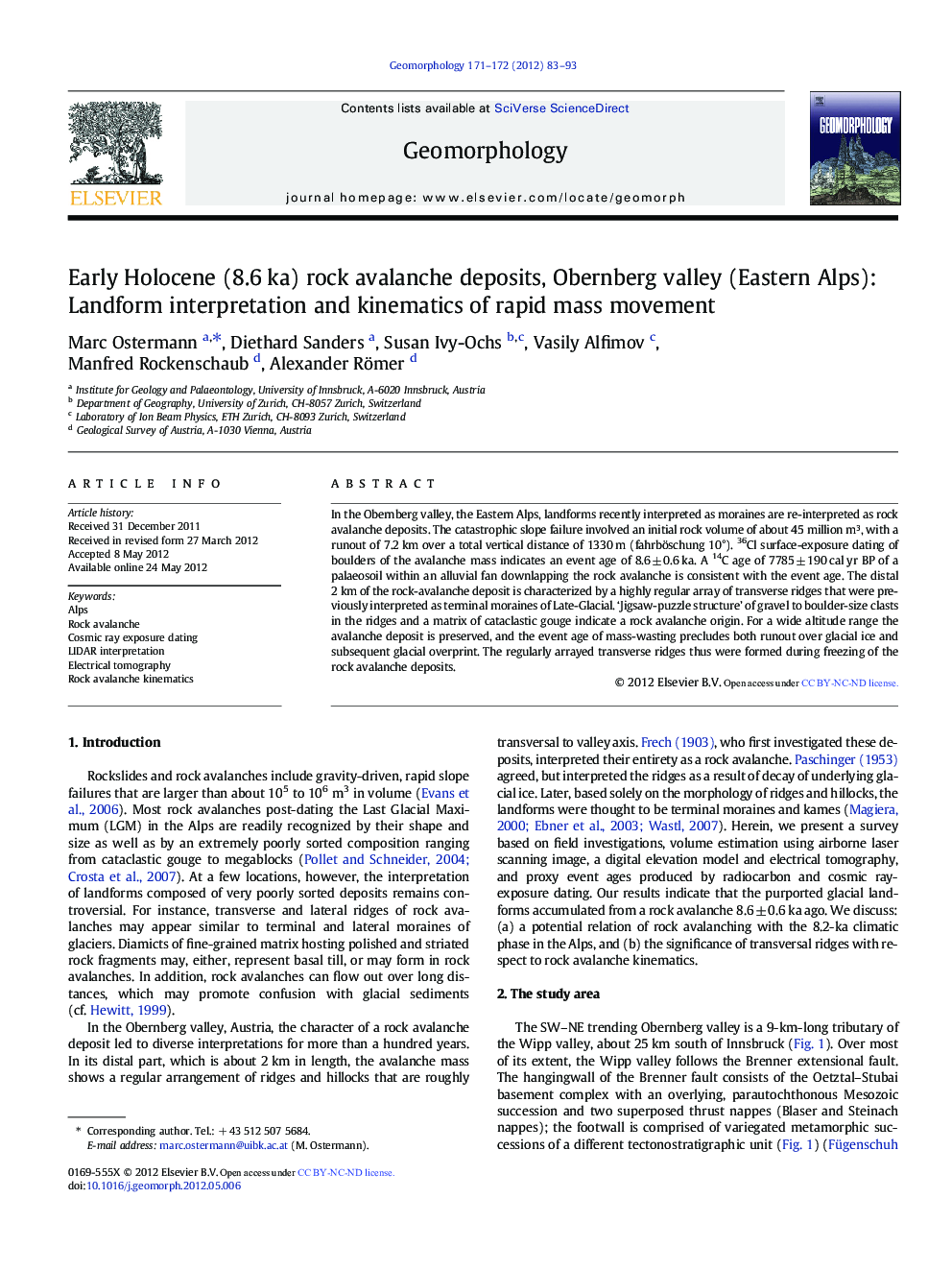 Early Holocene (8.6Â ka) rock avalanche deposits, Obernberg valley (Eastern Alps): Landform interpretation and kinematics of rapid mass movement