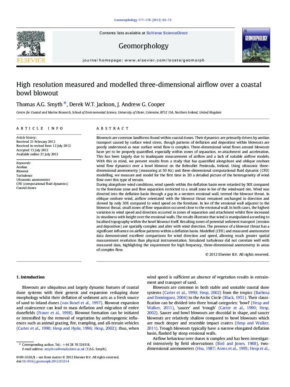 High resolution measured and modelled three-dimensional airflow over a coastal bowl blowout