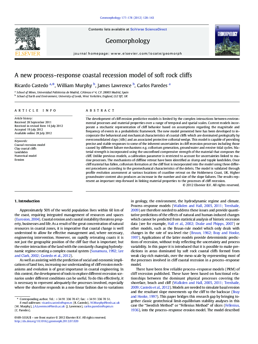 A new process-response coastal recession model of soft rock cliffs