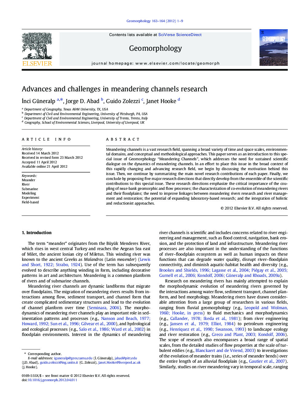 Advances and challenges in meandering channels research