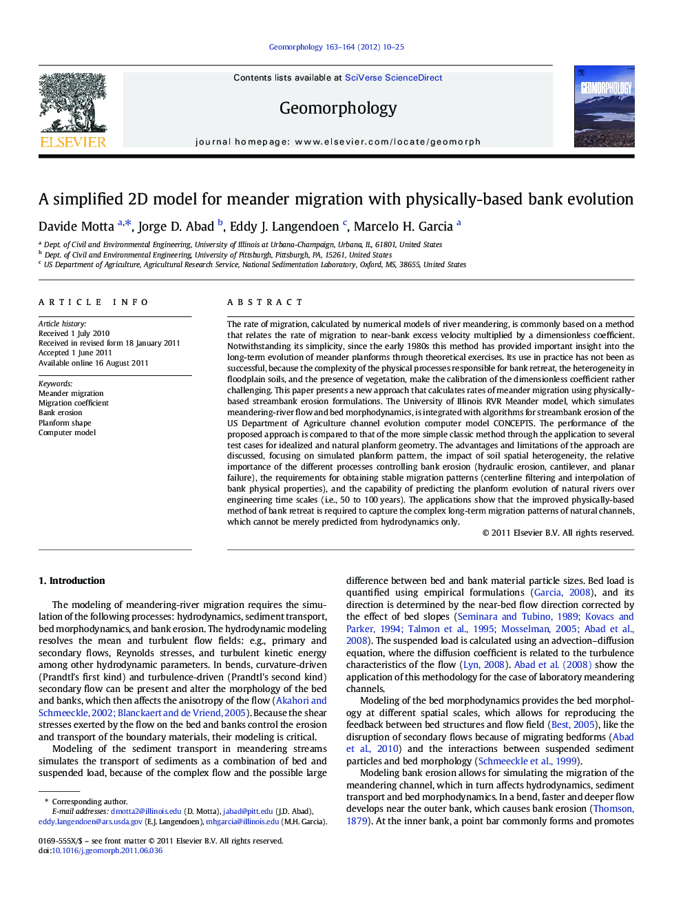 A simplified 2D model for meander migration with physically-based bank evolution