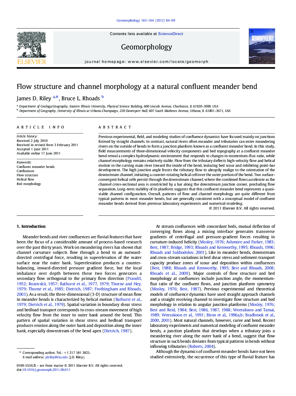 Flow structure and channel morphology at a natural confluent meander bend