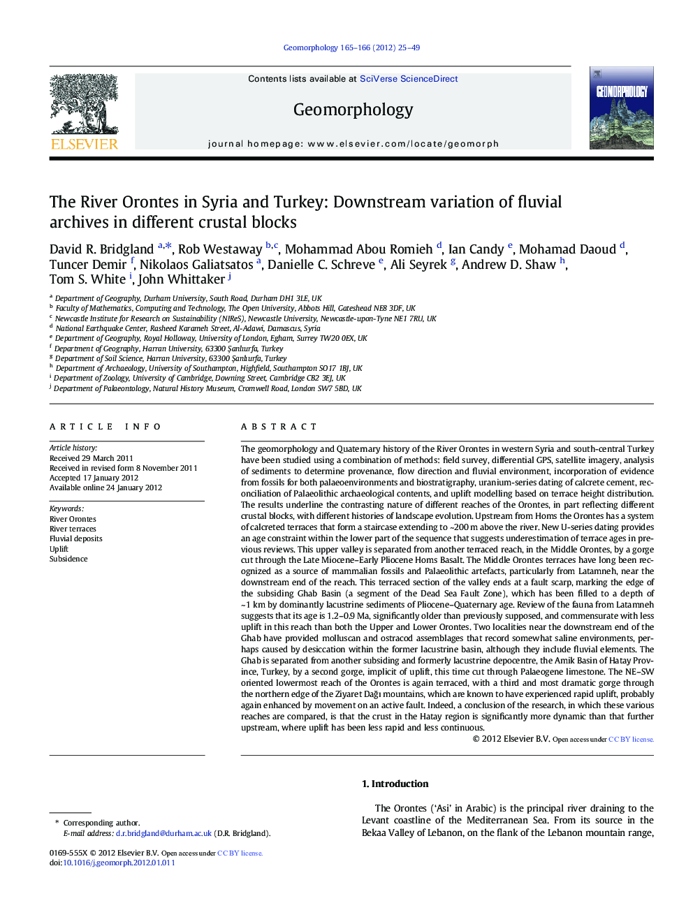 The River Orontes in Syria and Turkey: Downstream variation of fluvial archives in different crustal blocks