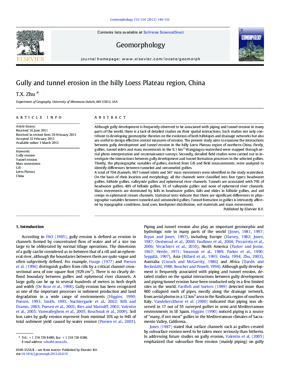 Gully and tunnel erosion in the hilly Loess Plateau region, China