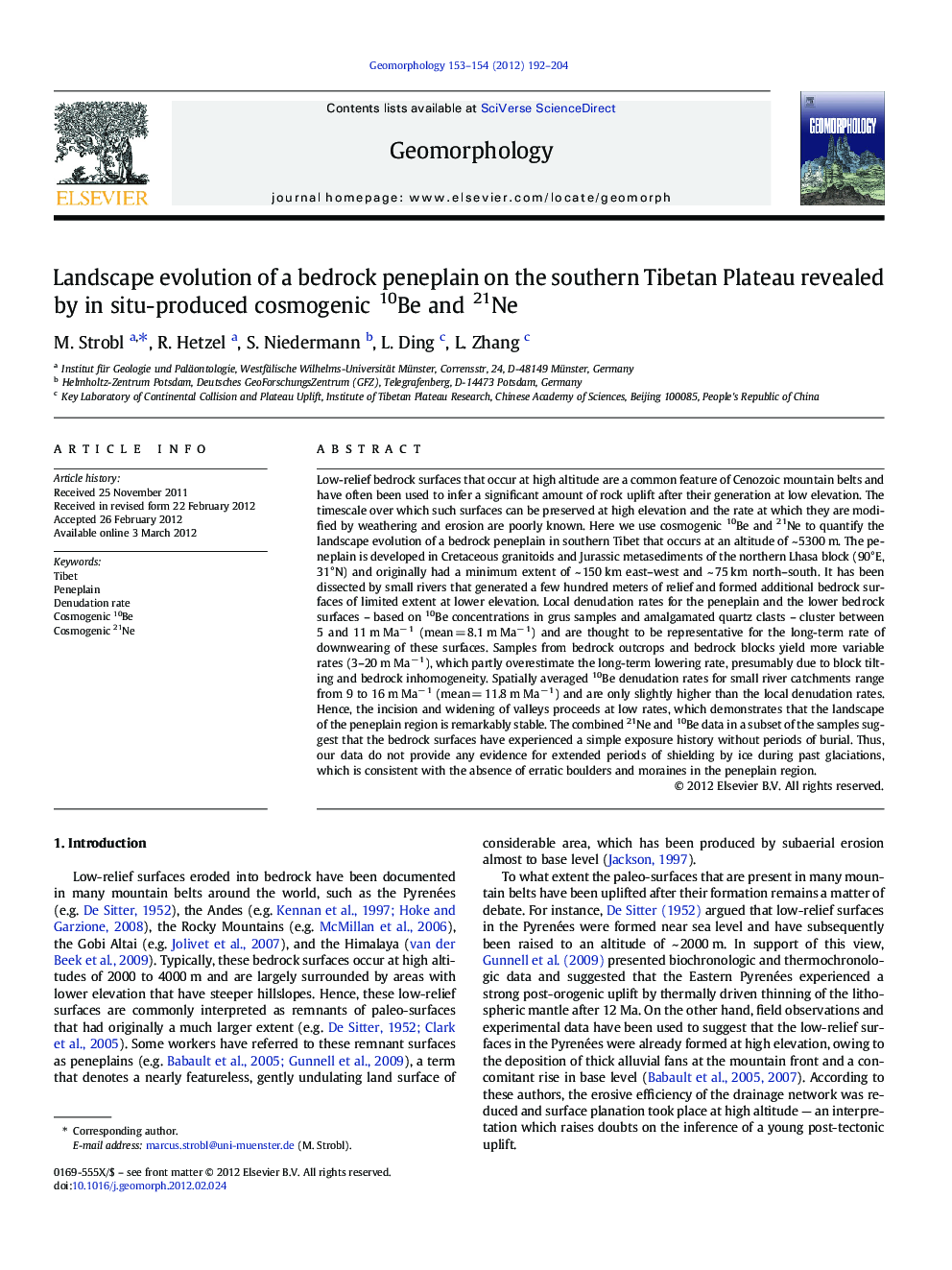 Landscape evolution of a bedrock peneplain on the southern Tibetan Plateau revealed by in situ-produced cosmogenic 10Be and 21Ne