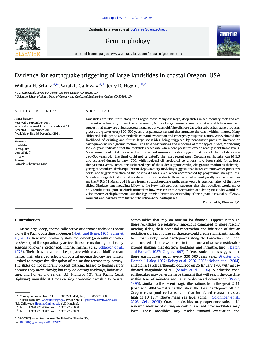 Evidence for earthquake triggering of large landslides in coastal Oregon, USA