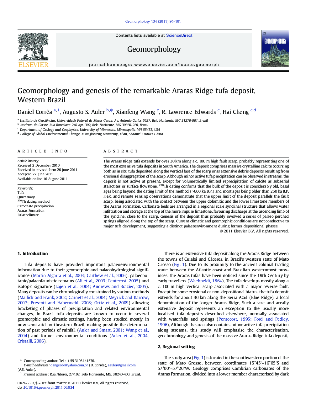 Geomorphology and genesis of the remarkable Araras Ridge tufa deposit, Western Brazil